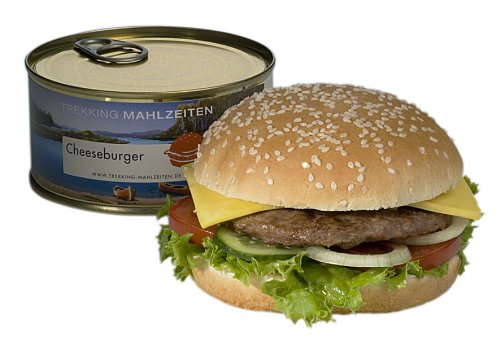 Cheeseburger in a can next to an open-faced cheeseburger